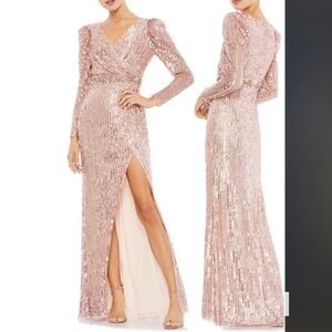MAC DUGGAL Sequin Long Sleeve Surplice v-neck Slit Gown in Rose Size 16